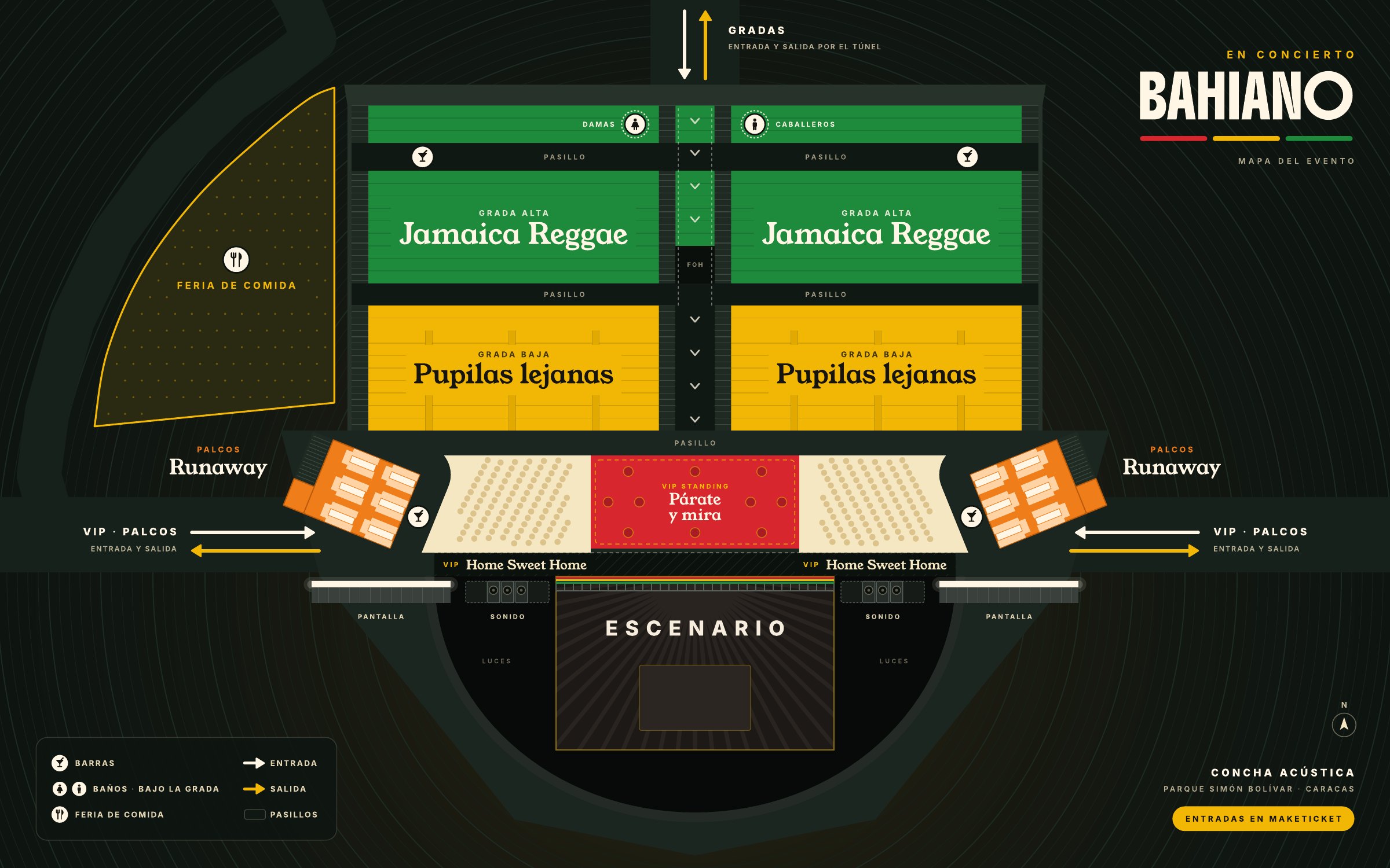 Mapa de la Concha Acústica Parque Simón Bolívar: escenario al sur; VIP Standing «Párate y mira» al frente, VIP Sillas «Home Sweet Home» a los lados, Palcos «Runaway» en los extremos, Grada Baja «Pupilas lejanas» y Grada Alta «Jamaica Reggae» al fondo; feria de comida al oeste