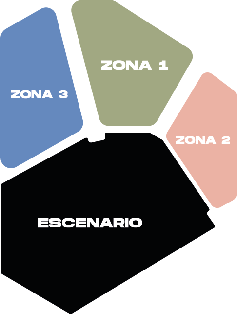Plano referencial de la sala: escenario al frente, Zona 1 al centro, Zona 2 a la derecha y Zona 3 a la izquierda